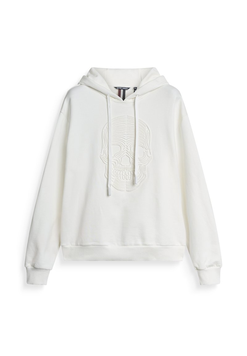 Witte hoodie met een getextureerd schedelontwerp op de voorkant. Voorzien van een capuchon met trekkoord en ribbelmanchetten en -zoom. Gemaakt van zacht materiaal.
