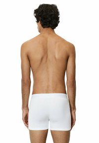 Slips di cotone bianchi con un morbido elastico in vita, design aderente e una texture liscia, mostrati da una vista posteriore su un torso nudo.