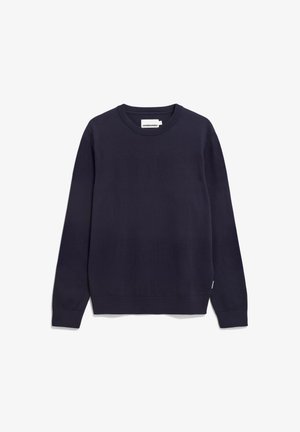 Maglione a collo rotondo di colore blu navy lavorato a maglia, con maniche lunghe e polsini e orlo a costine. Nessun motivo visibile o dettagli hardware.