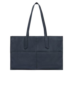 Marineblauer Leder-Shopper mit zwei flachen Griffen, rechteckiger Form und vier horizontalen Abschnitten. Glatte Textur mit minimalen Nahtdetails.