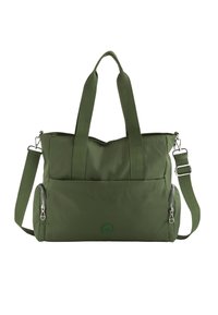 Green fabric tote bag with two top handles and a detachable shoulder strap. Features a zippered front pocket and a circular logo accent.