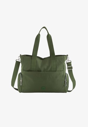 Green fabric tote bag with two top handles and a detachable shoulder strap. Features a zippered front pocket and a circular logo accent.