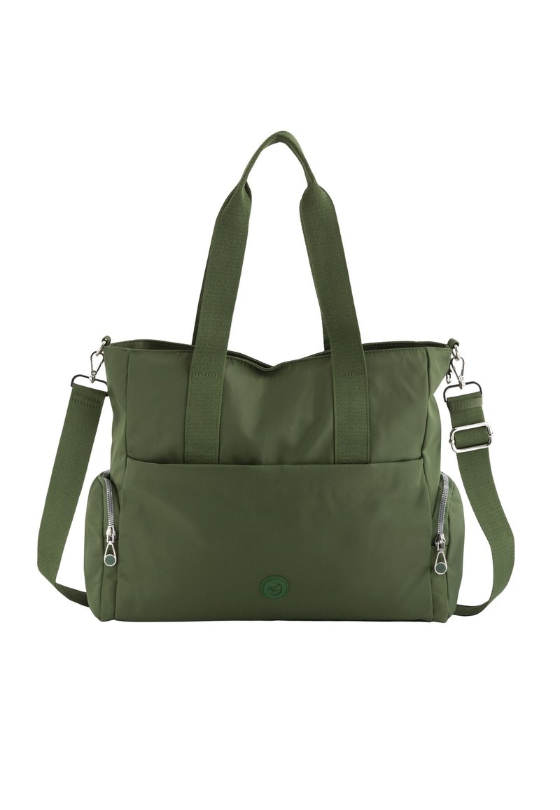 Green fabric tote bag with two top handles and a detachable shoulder strap. Features a zippered front pocket and a circular logo accent.