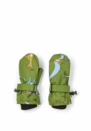 Moufles vertes pour enfants avec imprimé de dinosaures et ptérosaures, sangles réglables au poignet et poignets intérieurs noirs.