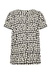 T-shirt nera a maniche corte con un motivo astratto bianco, realizzata in tessuto leggero con una vestibilità rilassata e scollatura rotonda.