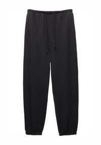 Pantaloni de training negri fabricați dintr-un material moale, cu un talie elastică și șnur, și cu manșete înguste la glezne.