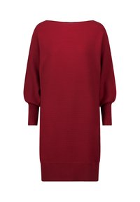 Rotes, geripptes Strickkleid mit einem Bootsausschnitt, dreiviertel Puffärmeln und geradem Schnitt, versehen mit einem soliden Saum am Boden.