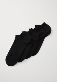 Calcetines negros hasta el tobillo, cinco pares, hechos de una suave mezcla de algodón, con una textura lisa y puños acanalados para mayor comodidad y ajuste.