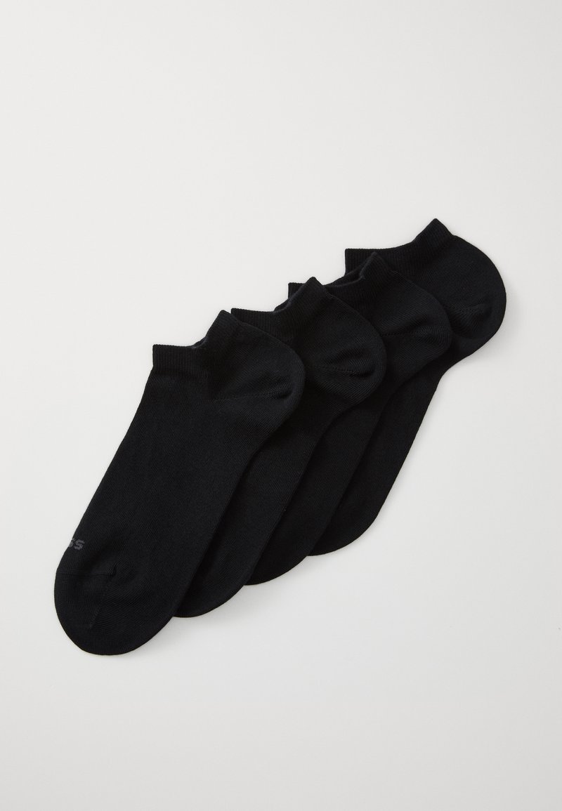 Calcetines negros hasta el tobillo, cinco pares, hechos de una suave mezcla de algodón, con una textura lisa y puños acanalados para mayor comodidad y ajuste.
