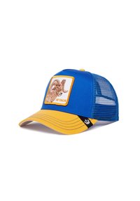 Blue and yellow trucker cap with a mesh back, featuring a decorative patch of a ram and the word "ATTACK" in an orange font.