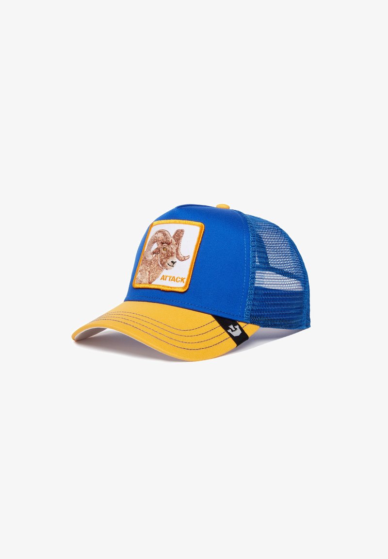 Blue and yellow trucker cap with a mesh back, featuring a decorative patch of a ram and the word "ATTACK" in an orange font.