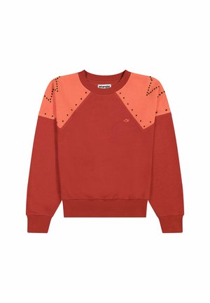 Roter Baumwollpullover mit rosa Schulterpaneelen und Nietenakzenten, gerippten Bündchen und Rundhalsausschnitt. Wrangler-Logo nahe dem Saum.