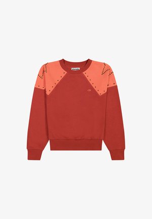 Rode katoenen sweatshirt met roze schouderpanelen met studs, geribbelde cuffs en een ronde hals. Wrangler-logo dicht bij de zoom.