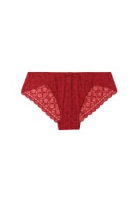 Rote Spitzenunterwäsche mit floralem Muster, gewellten Kanten und einer halbtransparenten Textur, die ein klassisches Slips-Design bietet.