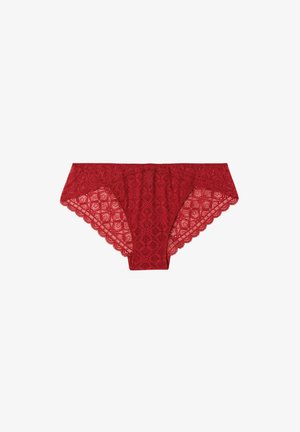 Red lace panties with a floral pattern, scalloped edges, and a semi-transparent texture, featuring a classic brief cut design.