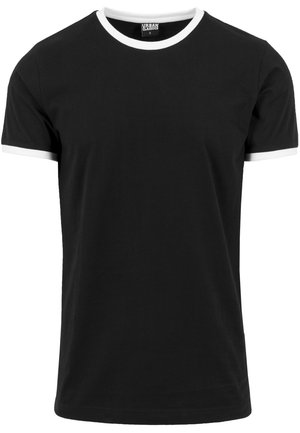 Czarny t-shirt z krótkim rękawem z białym wykończeniem na kołnierzu i krawędziach rękawów, pokazany na białym, jednolitym tle.