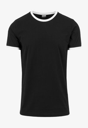 Czarny t-shirt z krótkim rękawem z białym wykończeniem na kołnierzu i krawędziach rękawów, pokazany na białym, jednolitym tle.