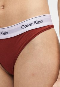 Γυναίκα που φοράει σκουρόχρωμα rust Calvin Klein εσώρουχα με λευκή μέση με μαύρο κείμενο λογότυπου, δείχνοντας τη μέση και το πάνω μέρος του μηρού.
