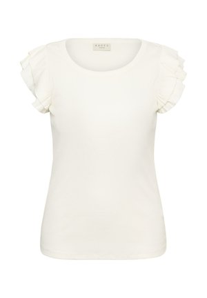 Blouse blanche à manches courtes avec encolure ronde et détails de volants superposés sur les manches, conçue pour les grandes tailles.