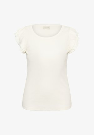 White short-sleeve blouse with round neckline and layered ruffle details on the sleeves, designed for plus sizes.