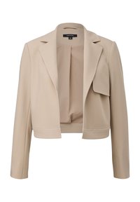 Blazer court beige avec col structuré, fermeture à un bouton, manches longues, fabriqué à partir d'un tissu lisse à texture subtile.