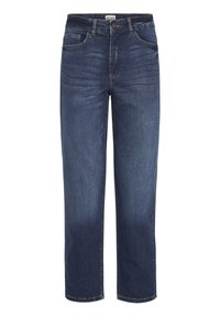 Vaqueros de denim azul oscuro con un ajuste recto, que cuentan con cinco bolsillos, un cierre frontal con botón y acentos de costura visibles.