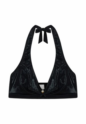 Černý halter bralet v lesklé, texturované tkanině, s uzlem na krku a perlovým akcentem uprostřed přední části.