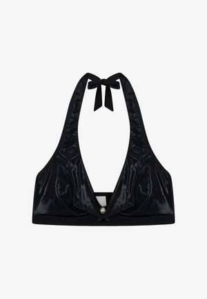 Schwarze Halter-Bralette aus einem glänzenden, strukturierten Stoff, mit einem geknoteten Band am Hals und einem Perlenakzent in der Mitte vorne.
