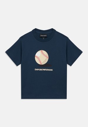 Navy blue cotton t-shirt featuring a graphic of a baseball and "EMPORIO ARMANI" printed in beige below the design. Classic crew neck style.