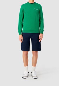 Zelený bavlněný svetr s žebrovanými manžetami, spárovaný s námořnickými cargo kraťasy. Bílé tenisky se šedými akcenty a bílé ponožky do kotníků.