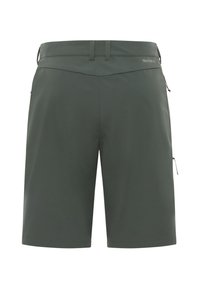 Dunkelgrüne, knielange Shorts aus leichtem, atmungsaktivem Stoff. Mit zwei Seitentaschen und einem dezenten Logo auf der Rückseite.