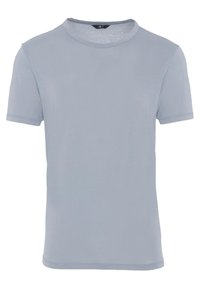T-shirt azzurro chiaro realizzato in morbido tessuto, con scollatura a girocollo e maniche corte, dalla texture liscia e con dettagli di cucitura minimi.