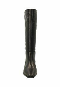 Botte noire en cuir jusqu'au genou avec un design épuré, bout carré, couture minimaliste et finition lisse. Pas de matériel ou d'accents visibles.