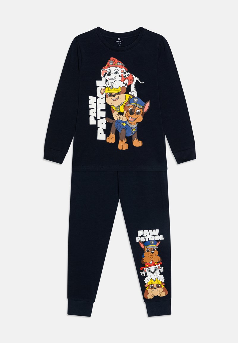 Marinefarbenes Schlafanzugset mit Grafik von drei Hunden aus "Paw Patrol". Langärmliges Oberteil und Hosen mit elastischem Bund und Bündchen an den Knöcheln.