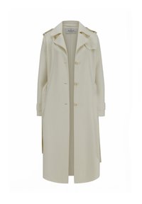 Langmantel aus wollweißem, cremefarbenem Wollstoff mit Reverskragen, drei Knöpfen, Manschettenriemen, Schulterklappen und Seitentaschen, vorne offen.