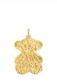 Ciondolo d'oro a forma di orso organico e testurizzato con un anello per l'aggancio. Presenta una superficie irregolare e bordi lisci.