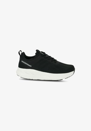 Black athletic sneaker with a breathable mesh upper, white midsole, textured sole, and logo "SWEDEMOUNT" on the side.