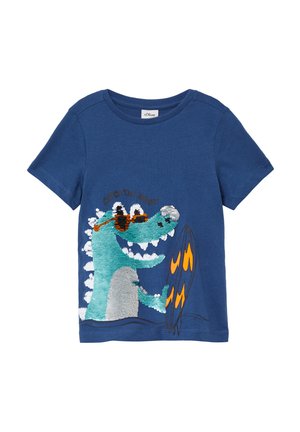 Blaues Baumwoll-T-Shirt mit einem verspielten, grünen gestickten Krokodil mit Sonnenbrille, das ein oranges Surfbrett hält. Text: "Fang die Welle!"