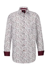 Camicia bianca button-up con stampa floreale in accenti bordeaux e verdi. Maniche lunghe con polsini e colletto bordeaux.