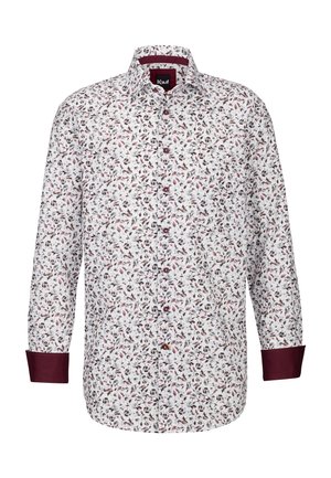 Camicia bianca button-up con stampa floreale in accenti bordeaux e verdi. Maniche lunghe con polsini e colletto bordeaux.