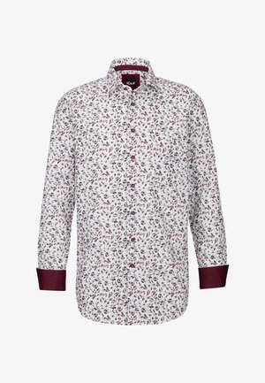 Camicia bianca button-up con stampa floreale in accenti bordeaux e verdi. Maniche lunghe con polsini e colletto bordeaux.