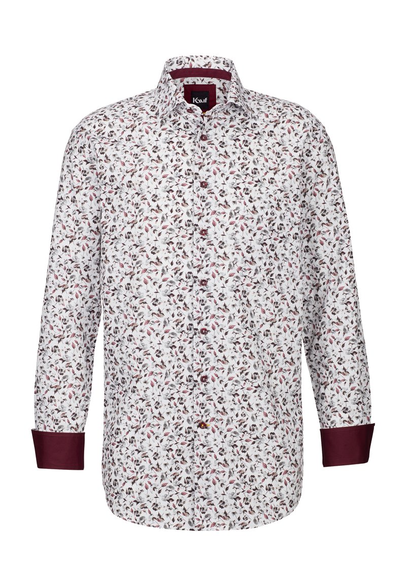 Camicia bianca button-up con stampa floreale in accenti bordeaux e verdi. Maniche lunghe con polsini e colletto bordeaux.