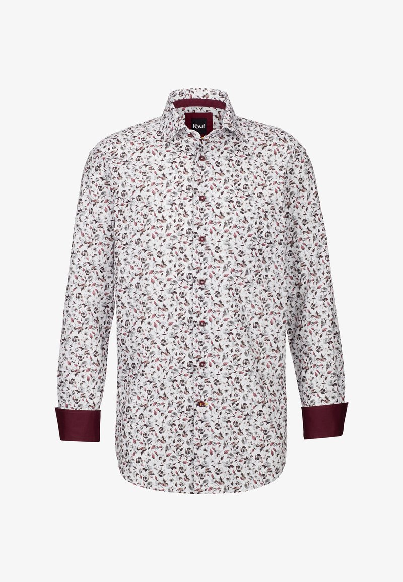 Camicia bianca button-up con stampa floreale in accenti bordeaux e verdi. Maniche lunghe con polsini e colletto bordeaux.