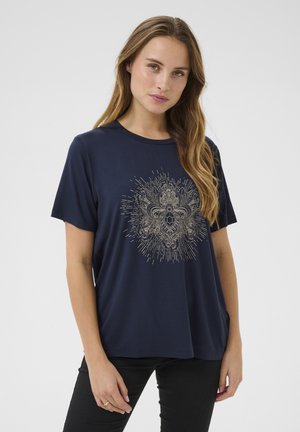 Navy blue t-shirt in soft fabric with a round neckline, short sleeves, and a gold graphic design featuring intricate details at the center.