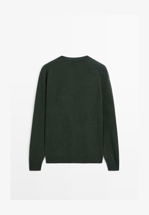 Maglione lavorato a maglia verde scuro con maniche lunghe, collo rotondo e texture morbida. Presenta maniche raglan e un taglio classico. Senza decorazioni visibili.