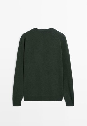 Maglione lavorato a maglia verde scuro con maniche lunghe, collo rotondo e texture morbida. Presenta maniche raglan e un taglio classico. Senza decorazioni visibili.