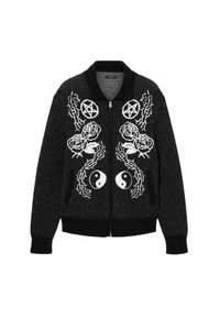 Zwarte ritssluiting cardigan met witte grafische patronen van rozen, pentagrammen en yin-yang symbolen. Gemaakt van textuurstof met een kraag.