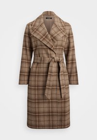Trench coat in lana a quadri marrone con una comoda revers, maniche lunghe e vita con cintura. Presenta un taglio classico e una texture morbida.