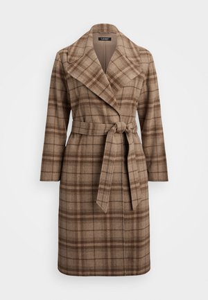 Barna kockás gyapjú trench coat széles hajtókával, hosszú ujjakkal és övvel a deréknál. Klasszikus szabású és puha tapintású.