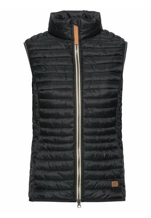 Schwarze gepolsterte Weste mit hohem Kragen, horizontalen Nähten, silbernem Frontreißverschluss und kleinem braunen Lederakzent an der unteren linken Seite.